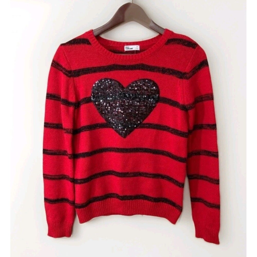 Epic Threads Girls XL Red Knit Sweater Black Sequin Heart Pullover Cute Cozy